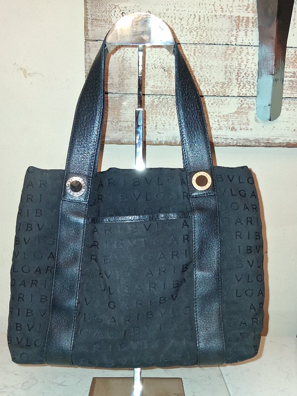 Blvgari Vintage Logomania Tote Bag - Black Canvas & Leather Authentic Pre-Owned